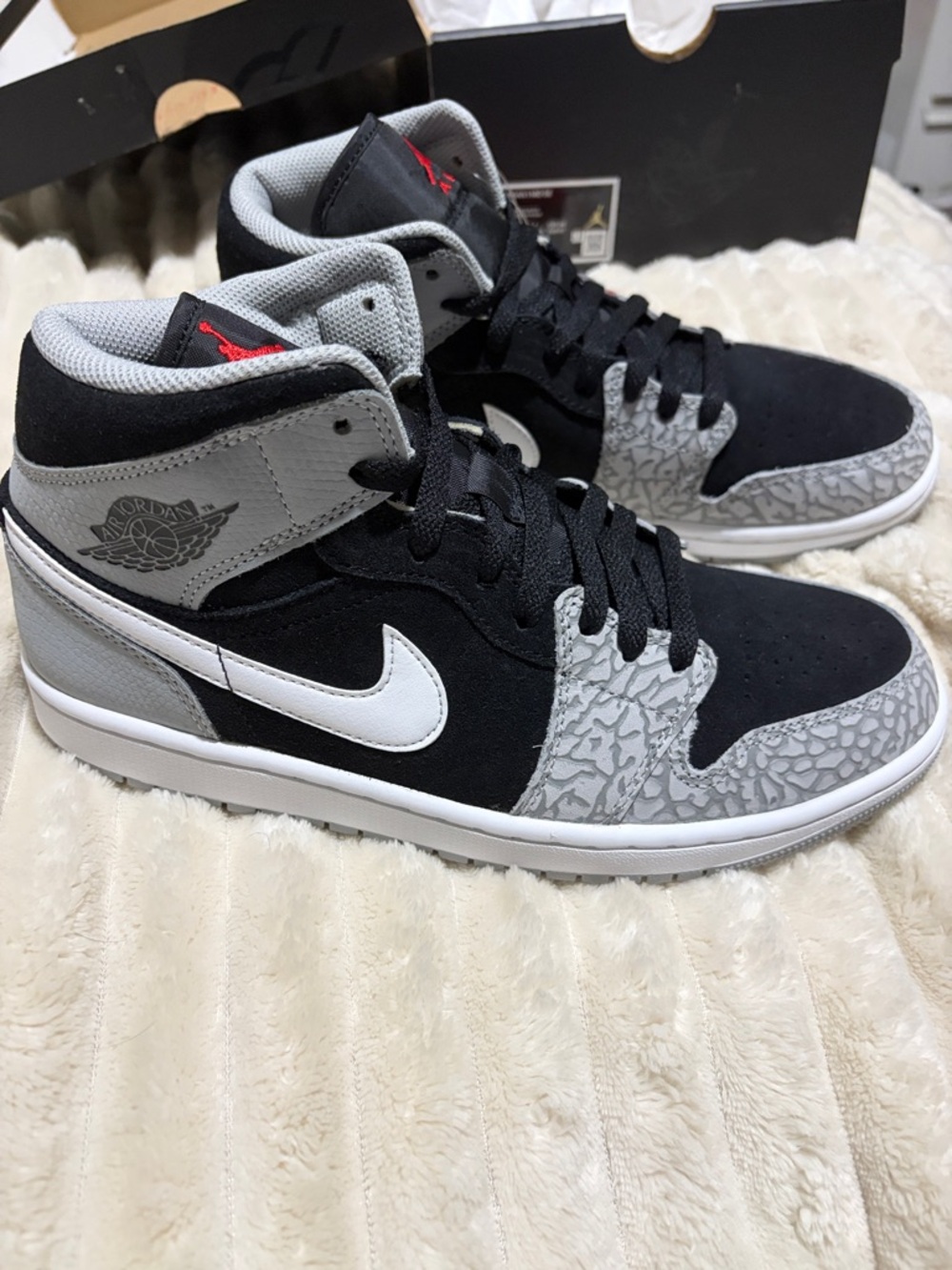 Jordan High-Top Sneakers in Black/Gray/White with Elephant Print Accents